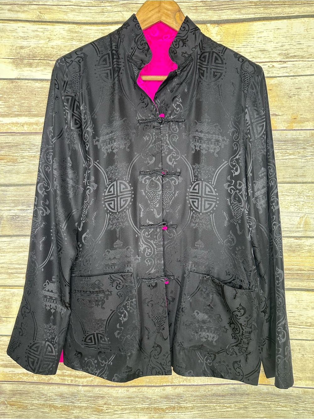 SHANGHAI TANG Jacket 100% Silk jacket black and hot pink reversible